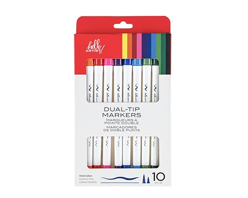 Image of Dual-Tip Markers, Fine & Brush Tips, Set of 10, Vivid Colors, Vibrant, For Journaling, Coloring, Artists, Home or Classroom Use, Non-Toxic