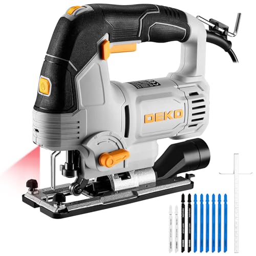 Scie Sauteuse Electrique 800W: DEKOPRO Scie Sauteuse à Coupe Oblique ±45°avec 4 Réglages Orbitaux, Vitesse Variable de 800 à 3 000 SPM, lame de Coupe,Lumière LED et Pointeur Laser Pour Bois et Métaux
