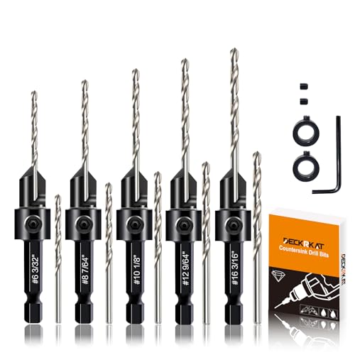 DECKRKAT 12-Piece Countersink Drill Bit Set - 3-in-1 Wood Counterbore Kit for #6#8#10#12#16 Screws | 82° Chamfer, Depth Adjustable | 5 Spare Bits,2 Limit Rings,Hex Key,Case.