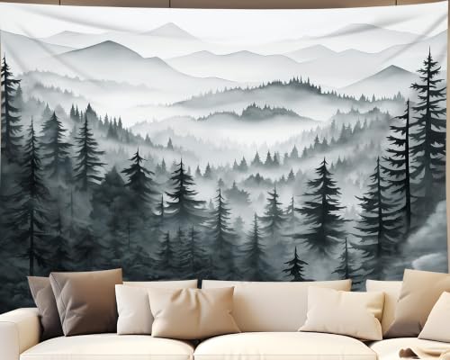 QGHOT Misty Forest Tapestry, Nature Mountain Tapestry Wall Hanging Black and White Grey Cool Landscape Wall Art for Mens Bedroom Living Room Decor 78.7L x 104W