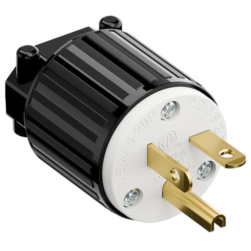 NEMA 5-20P Plug, 20A 125V Heavy Duty Industrial Male Plug, ETL Listed Rewireable Straight Blade Connector for Air Conditioner, Tools, Compatible with 12/14/16 AWG Cords,Black+White