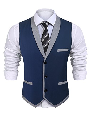 Coofandy Mens V-Neck Sleeveless Slim Fit Vest,Jacket Business Suit Dress Vest,Blue1,Large(Chest 45.3)