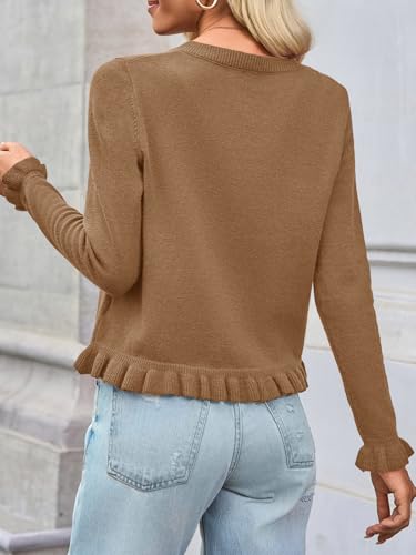Image of Saodimallsu Womens Ruffle Cardigan Sweaters Button Up Crew Neck Long Sleeve Cropped Sweater Cute Soft Knit Tops