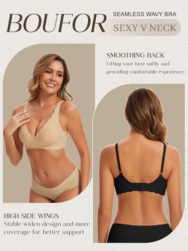 Image of Seamless Wavy Bra Wireless Jelly Bralette Low Cut Deep V Neck Bras | Adjustable Straps, Sexy Plunge Bra, Removable Pads, High Elastic Fabric, Scalloped Edges, Deep V Bras for Women No Underwire