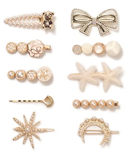 Pearl Hair Clips for Women Girls, Rhinestone Bobby Pins, Bangs Hairpins, Alligator Hair Accessories Set (10 Packs)