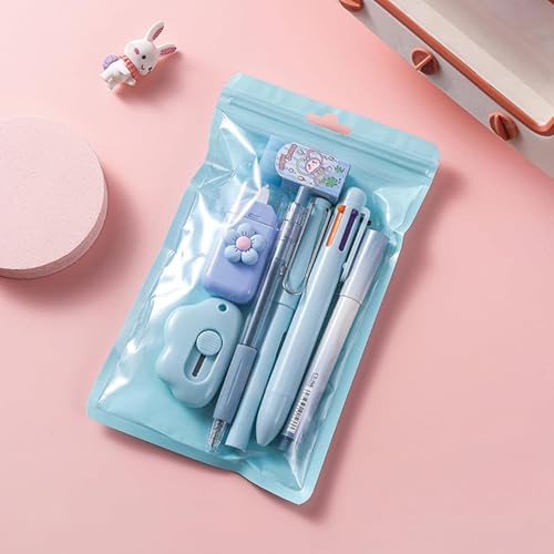 Image of SAMVARDHAN 7 Pcs Cute Purple Stationery Set Kawaii School Supplies Office Supplies Including Ballpoint Pens Pencil Sharpener Highlighter Correction Tape Ruler (Blue)