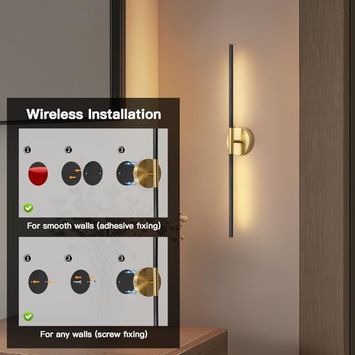 Image of Battery Operated Wall Sconces Set of Two 360 Rotate Wireless Rechargeable Light Dimmable with Remote - Black Gold Modern Sconces Cordless Magnetic Wall Decor for Home Bedroom Timer 31.5 in