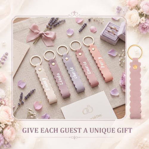 Image of Scalloped PU Leather Keychain Blanks Laser Engraving Blanks Loop Keychain Kit with Key Ring for DIY