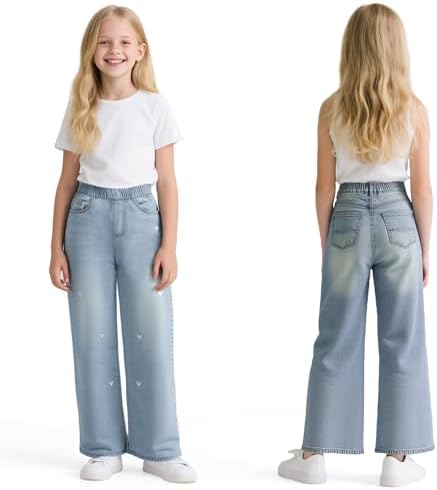 Baogaier meisjesjeans wijde denim broek kinder baggy jeansbroek casual zachte elastische tailleband streetwear met zakken loose fit jeansbroek, maat 134, voor 7-8 jaar, 140, blauw hart Baogaier meisjesjeans wijde denim broek kinder baggy jeansbroek casual zachte elastische tailleband streetwear met zakken loose fit jeansbroek, maat 134, voor 7-8 jaar, 140, blauw hart