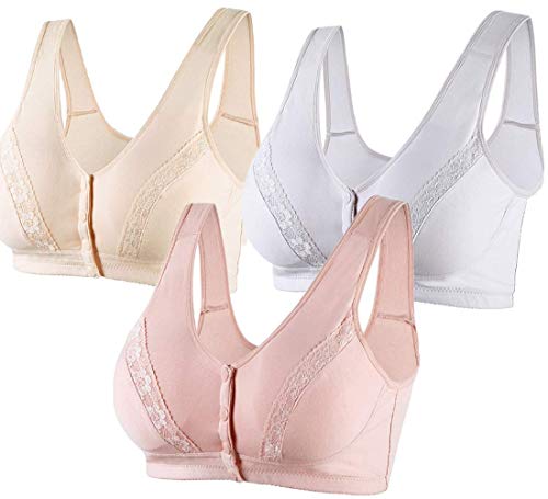 Women Full-Freedom Front Lace Closure Bra, Perfect Wireless Cotton Sleep Removable Padded Bras for Women (40BC, Pink)