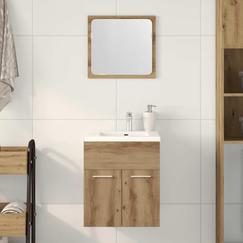 HETFTJN Set Mobili da Bagno con Mobiletto e Specchio 2 Pezzi Rovere Artigianale Legno Multistrato Salvaspazio Ampio Spazio Conservazione Montaggio a Parete per Sottolavabo