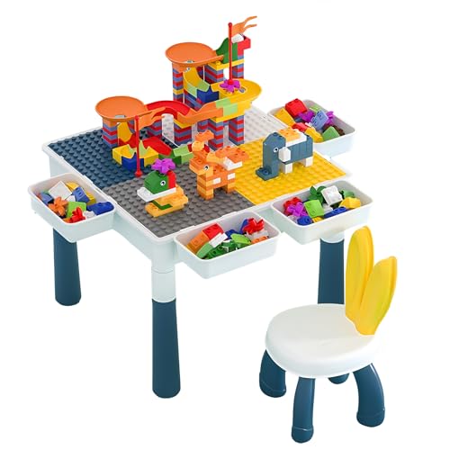 Sinbide Table de Construction Multifonctionnel pour Enfant avec Chaise pour Bébé, Hauteur Réglable, Plateau Double Face, Table de Jeu et d'Études (avec 300...