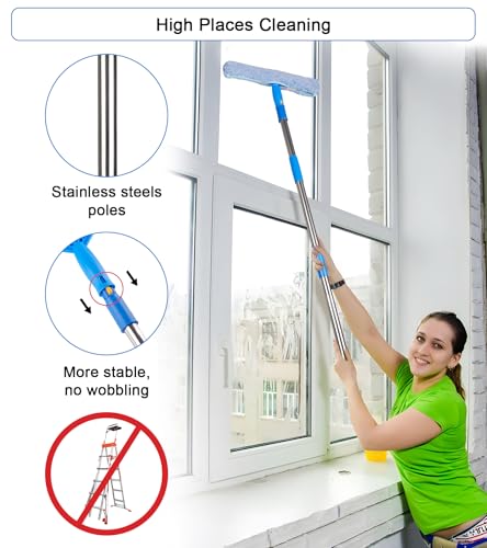 Image of Window Squeegee Cleaner with 4 Stainless Steel Extension Poles,Long Reach to 58inch, Scrubber, Glass Scraper, Bendable Duster, 2 Scrubber Cloth for Window, Car, Professional Cleaning Kit