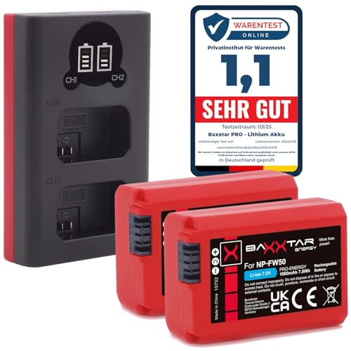 Batterie Baxxtar Pro NP-FW50 (2X réel 1080mAh) avec Mini Chargeur USB LCD Dual (USB-C et MicroUSB) pour Sony ZV-E10 A6000 A6100 A6300 A6400 A6500 A7 A7II A7R A7RII A7S A7SII A5100 A5000 RX10 NEX etc.