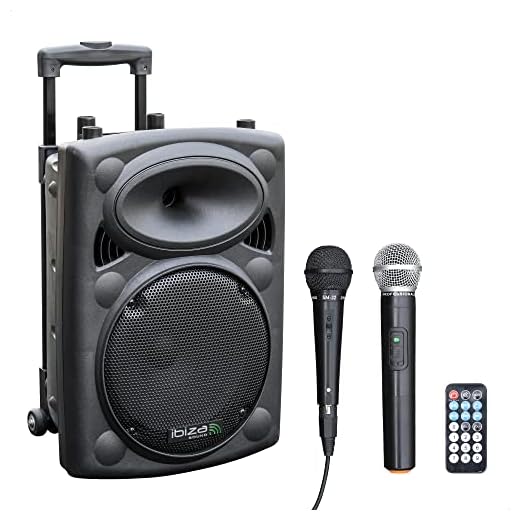 Cassa bluetooth Portatile Ibiza - PORT10VHF-BT - Altoparlante portatile da 10"/500W MAX con 2 microfoni (cablati e VHF), telecomando e copertura protettiva - Bluetooth, USB, SD - Durata della batteria da 5 a 7h - Speaker Box