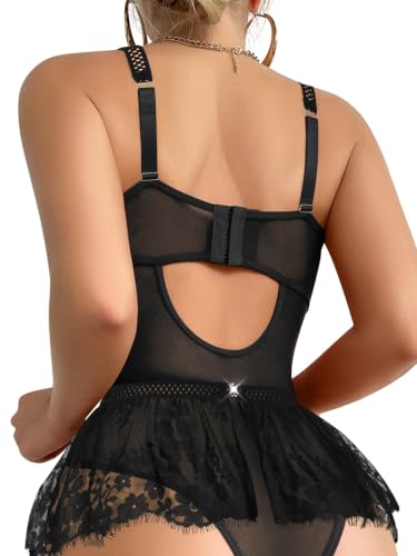 Image of Lilosy Sexy Lingerie Set 3 Piece Women Corset Bodysuit Skirt | Rhinestone Heart Stocking Garter Plus Size Underwire Mesh Sheer Lace Push Up Babydoll Halloween Christmas Valentine's Bridal