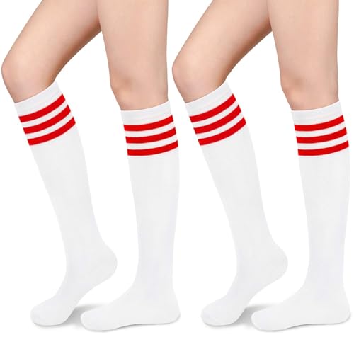 Sarfel Red Tube Socks Women Red Striped Socks Knee High Stockings for Women Sexy Cheerleader Costume for Womens White Long Sock