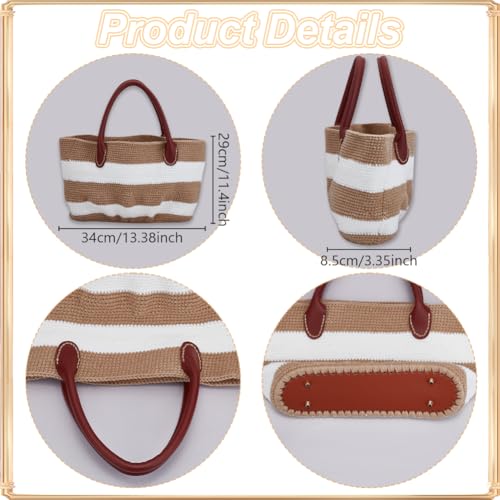 Image of ORIGACH DIY Crochet Handbag Kit for Beginners, Khaki Striped Crochet Bag with PU Leather Band and Base, Complete Crochet Set to Make a Bag, Include Yarn, Crochet Hooks, Markers and Instruction