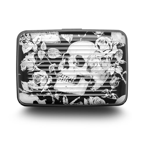 Image of OGON -DESIGNS- Aluminum card holder, RFID protection against fraud and demagnetization, compact wallet, Smart Case STOCKHOLM model (Engraving Skulls Roses, Extra-secure lock)