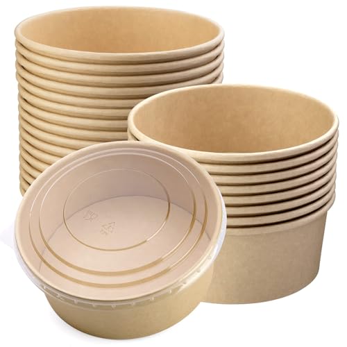 Image of 37 Oz 25 Pcs Disposable Meal Prep Containers with Lids, Paper Bowls | 1100 ML Disposable Salad Bowls with Lids, Round Kraft Food Containers for Salad, Ice Cream, Yogurt