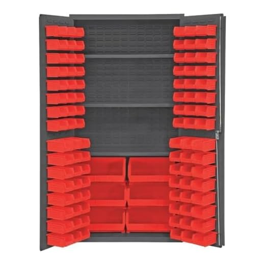 Durham 2501-BDLP-102-3S-1795 Lockable Cabinet with 102 Red Hook-On Bins, 3 Adjustable Shelves, Flush Door Style, 36" Wide, 16 Gauge, Gray
