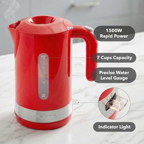 Image of OVENTE 1.8L Electric Kettle, BPA-Free with Easy-Fill Lid, Red KP413R | 1500W Fast Boiling Water Heater, Auto Shut-Off, Boil-Dry Protection, 360 Swivel Base, Clear-View Window, Removable Filter