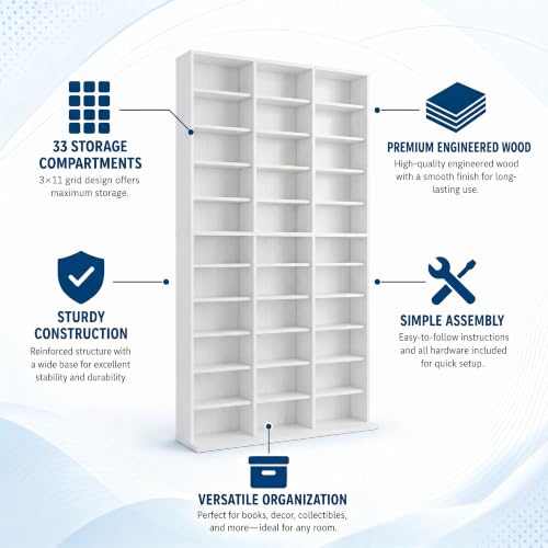 Image of Garvee 11 Tier Tall CD Display Cabinet, 33-Compartment Media Tower, White