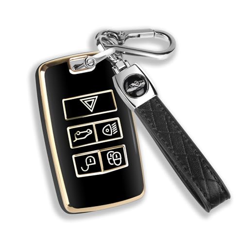 QBUC for Land Rover Key Fob Cover with KeyChain Soft TPU Gold Trim Key Case Full Protection Compatible with 2018-2026 Land Rover Range Rover Evoque Sport Vogue Discovery 5 Jaguar E I-PACE (Black)