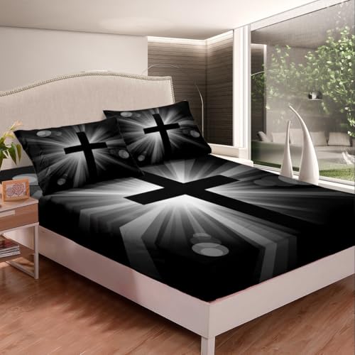 Feelyou 3D Cross Print Bed Sheet Set for Boys Girls Adults Holy Cross Fitted Sheet Western Culture Bedding Set Christian Exotic Bed Cover,Room Decor 2Pcs Sheets Twin Size,Black