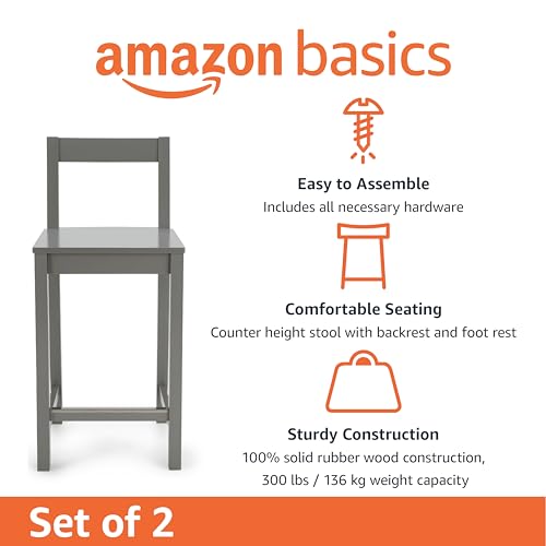 Amazon Basics Wooden Counter Height Bar Stool with Backrest, 24", Grey, Set of 2 view 3