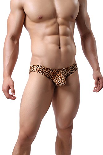 Onefit Men's Leopard Seamless Low Waist Flat Bikini Briefs Underwear Pants (Small, Bk+Ye) #TOP1
