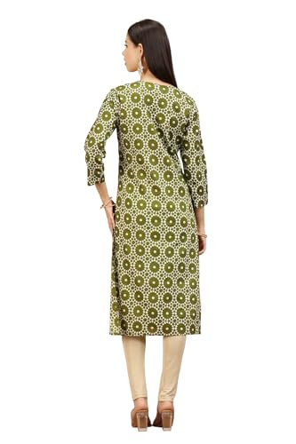 Image of Cotton Culture Mehndi Green Jaipuri Cotton Embroidered Straight Kurta