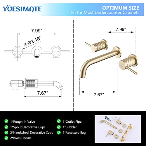 Yuesimate Wall Mount Faucet Brushed Gold All Solid Brass Material Bathroom Sink Faucet Modern Bathroom Faucet With 2 Brass Knurled Handles And Rough In Valve Included #TOP6