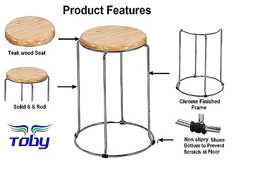 Image of MLU Wooden Top Stainless Steel Stool for Home, Office, Shop, Bar, and Restaurant,Kitchen, 30 cm , 30 cm