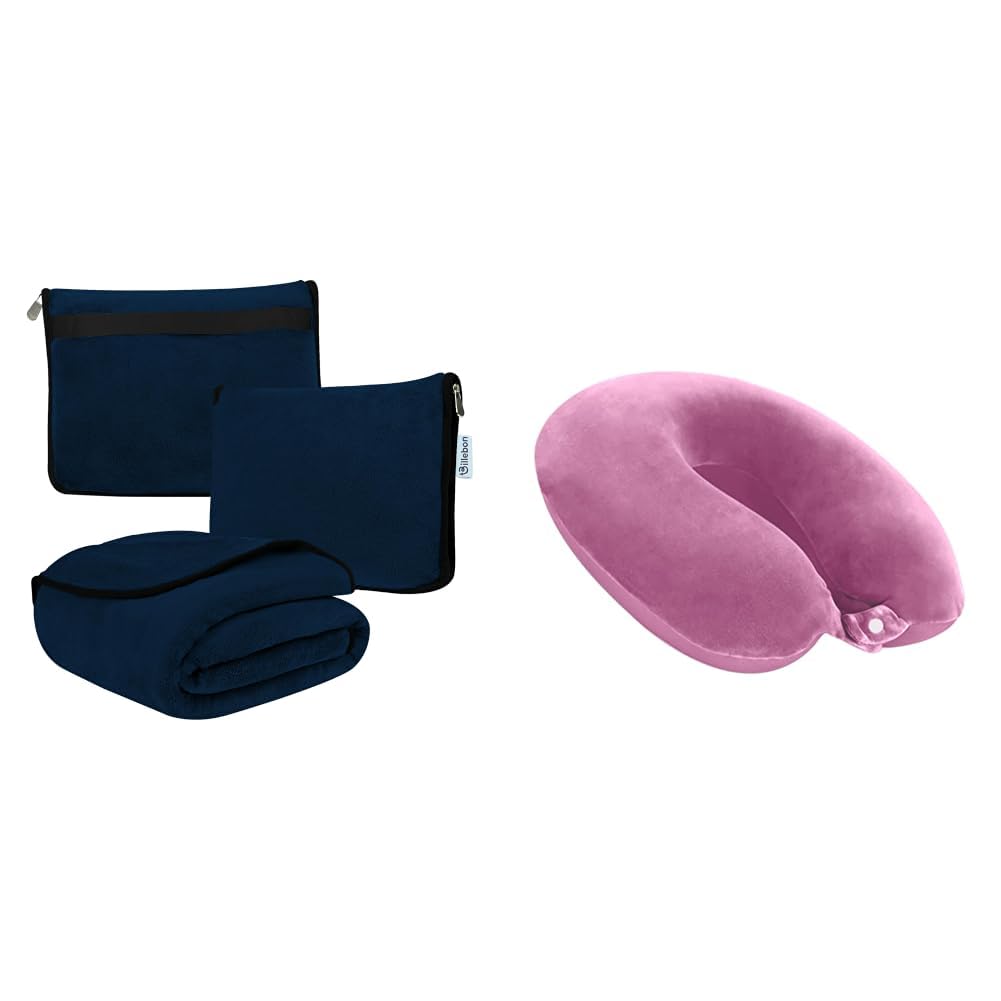 Travel Blanket Airplane Compact Soft Lightweight & Cozy Blanket with Soft Bag Pillowcase + Cool Gel Infused Memory Foam Travel Neck Pillow with Magnetic Fabric Neck Support Pillow-image-7
