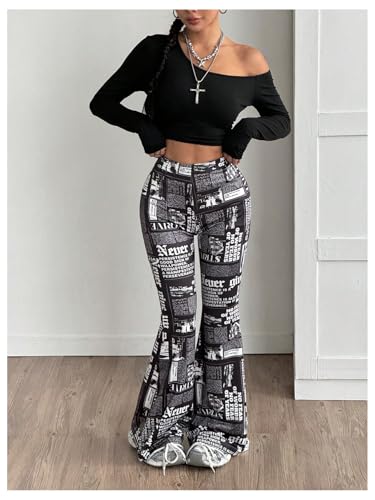 WDIRARA Women's Newspaper Print Flared Pants Elastic Waist Bell Bottom Trousers3