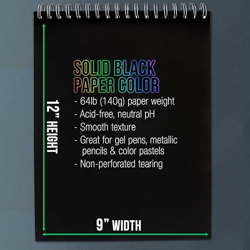 U.S. Art Supply 9x12 Premium Heavy-Weight Black Paper Sketchbook, 64lb (140gsm), 2 Pack, 30 Sheets, Spiral Bound, Black Paper Notebook for Colored Pencil, Markers, Oil Pastels, Chalk, Charcoal