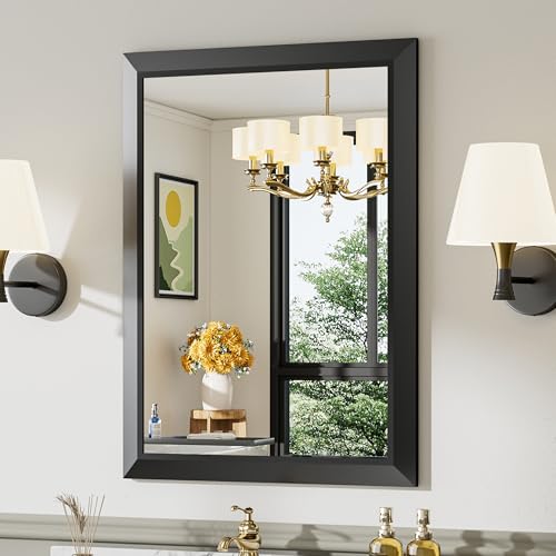 Briivue 24x32 Inch Black Bathroom Mirror for Wall, Thick Metal Framed Rectangle Mirrors for Over Sink, Bedroom, Living Room, Entryway, Anti-Rust, HD Tempered Glass