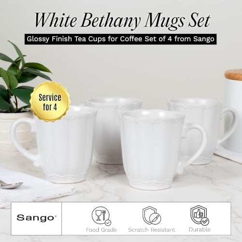 Image of SANGO Bethany White Mugs Set of 4, 15 oz Stoneware White Coffee Mugs, Vibrant Ceramic Drinkware for Coffee, Tea or Cocoa, Durable Everyday Cups, Dishwasher & Microwave Safe, Kitchen Mug Set