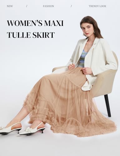Flygo Women's Maxi Tulle Skirt Long Tiered A Line Mesh Tutu Fairy High Elastic Waist Pleated Layered Skirts3