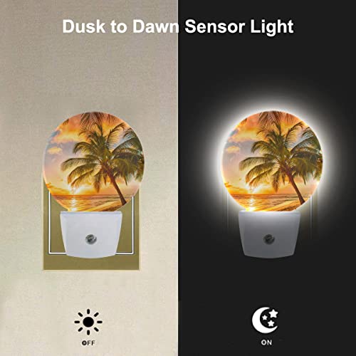 Image of EKOBLA Sunset Beach Night Light, Summer Seaside and Palm Tree Night Lights Plug Into Wall with Auto Sensor for Home Decor