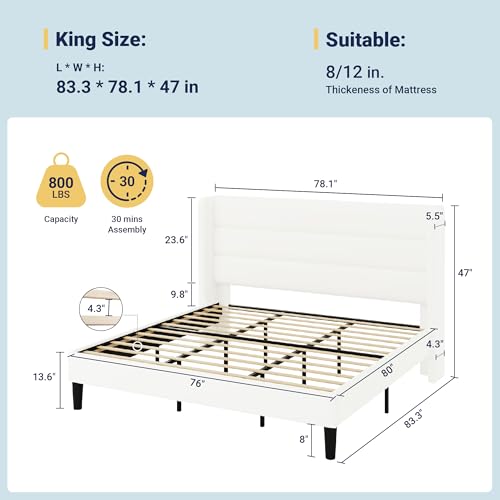 Image of Allewie King Size Platform Bed Frame with Velvet Upholstered Wingback Headboard, No Box Spring Needed, Under Bed Storage Space, Strong Wooden Slats, Modern Mattress Foundation, Easy Assembly, White