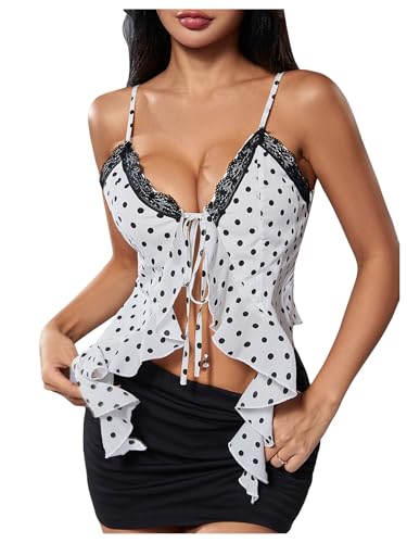 OYOANGLE Women's Polka Dots Contrast Lace V Neck Sleeveless Cami Tops Ruffle Trim Tie Front Crop Camisoles
