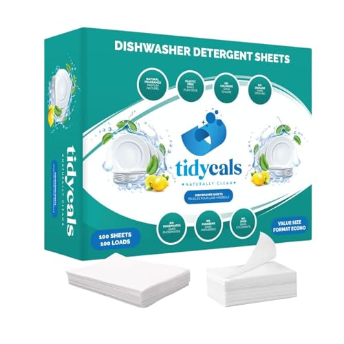Image of TIDYCALS Dishwasher Detergent Sheets - 100 Loads - Botanical Formula -No Harsh Chemicals - Non Toxic - Eco-Friendly Substitute to Liquid, Pods & Powder Detergents - Eliminates Grease & Stuck-On Food