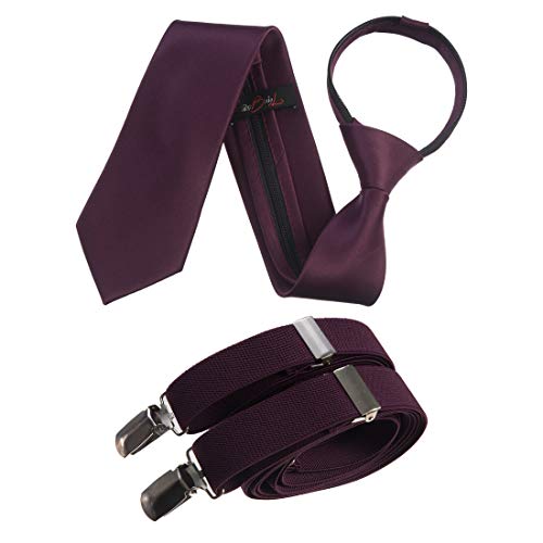 Tuxgear Mens Neck Tie and Adjustable Stretch Suspender Set, Plum, 48” Mens (Plum, 48