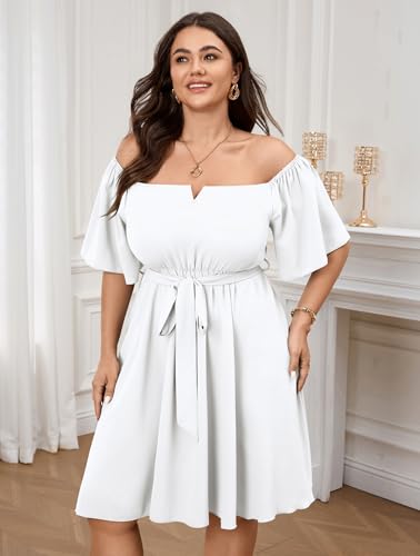 Image of SCOMCHIC Womens Plus Size Cocktail Dress Summer Off Shoulder Short Sleeve Flowy Ruffle A-Line Cute Mini Dress with Belt