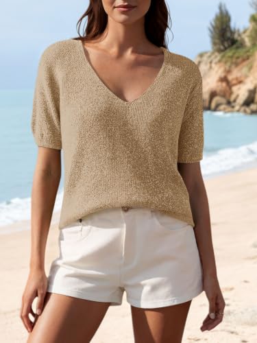 Image of Saodimallsu Womens Short Sleeve Sweater Summer V Neck Casual Tops Lightweight Loose Knit Pullover Shirts