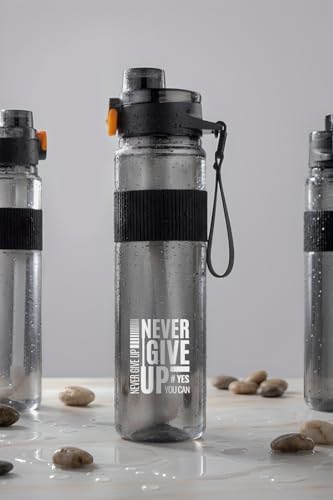 Image of Motivational Sports Water Bottle 1000ml BPA-Free Plastic Bottle with Flip Lid & Straw Reusable Leakproof Drinking Bottle for Gym, School, Office, Home & Outdoor Activities (black, pack of 1) (black)