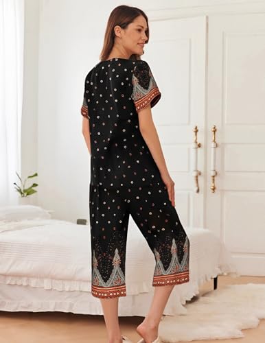 Image of Ekouaer Women's Two Piece Lounge Set Short Sleeve Shirt and Capri Pants Mumu Pajama with Pockets Loungewear Pjs Sets S-2XL