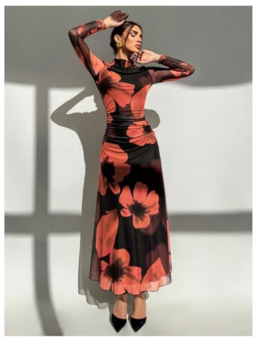 Image of Verdusa Women's Floral Wedding Guest Dress Long Sleeve Mesh Slimming Cocktail Vacation Maxi Dresses